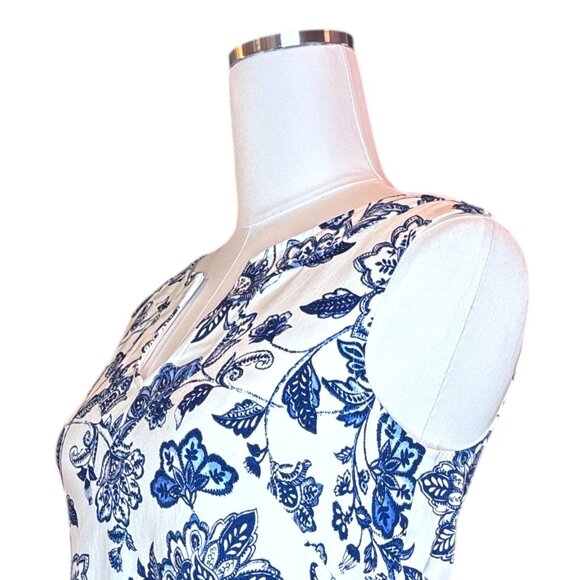 Boho Blue Floral Border Print Shift Dress Size 6 Sleeveless Summer Mediterranean - Picture 8 of 16
